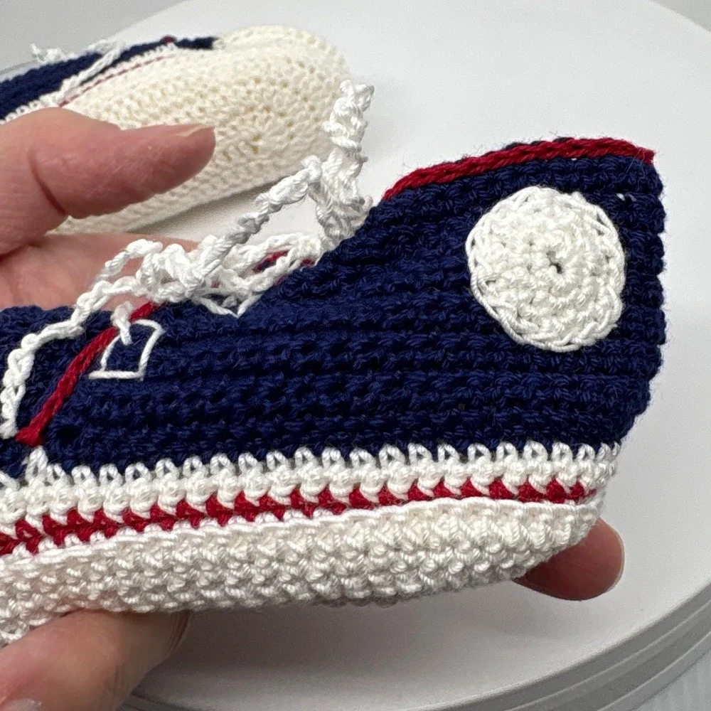 Handmade Crochet Baby Shoes High Top Sneaker Navy Blue White‎ Red Baby Shower